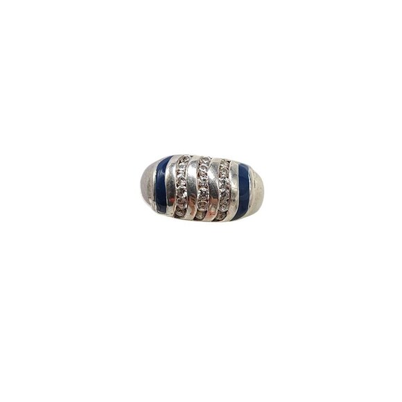 Sterling Silver Blue Enamel Clear Rhinestone Ring With Striped Design Size 6 - Picture 1 of 8
